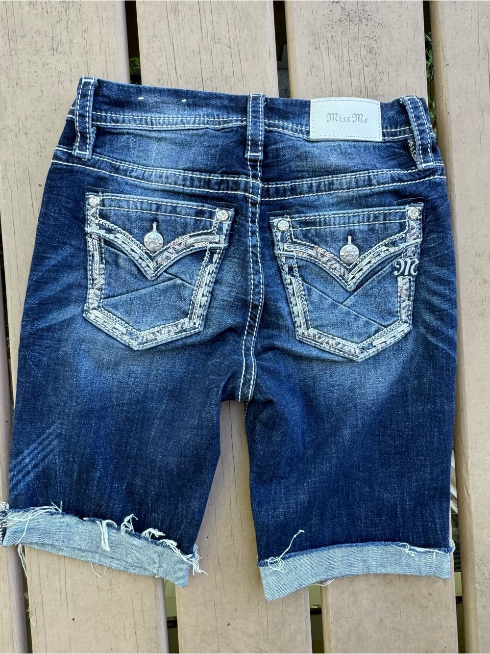 Miss Me Dark Blue Embroidered Denim Bermuda Shorts